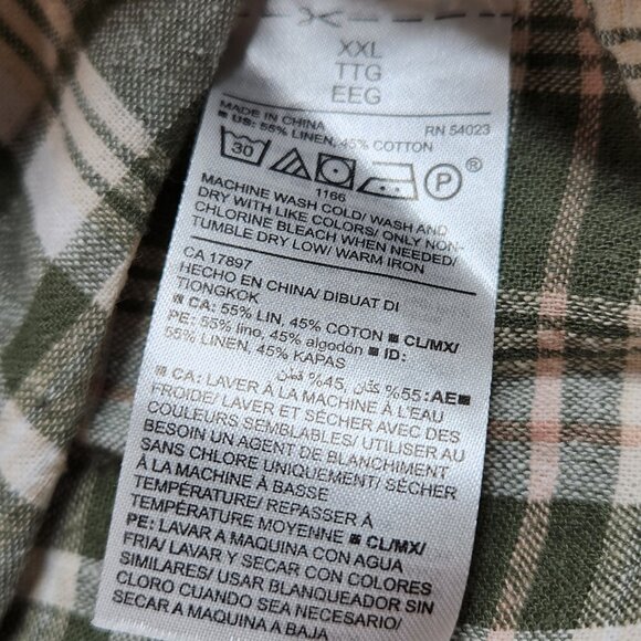 Old Navy Men's XXL Button Up Slim Fit Plaid Linen Cotton Green White Pocket VG - Picture 10 of 11